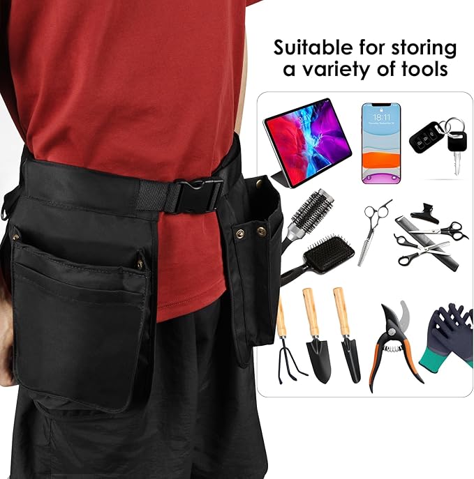 Waist Tool Apron with Detachable Pockets - Adjustable Utility Belt Pouch Bag, Heavy Duty Canvas Half Apron Organizer for Server, Garden, Dog Training, Hairstylist & Cleaning (Black)