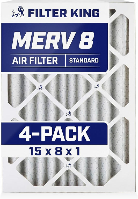 Filter King 15x8x1 Air Filter | 4-PACK | MERV 8 HVAC Pleated A/C Furnace Filters | MADE IN USA | Actual Size: 15 x 8 x .75"