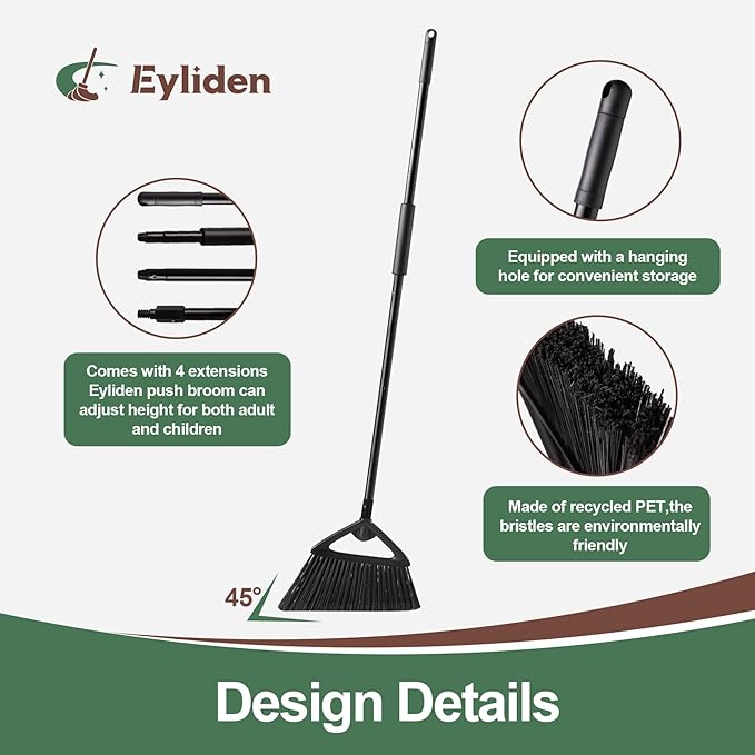 Eyliden Broom, Angle Broom with 57" Long Handle - Fit Heavy-Duty Cleaning, Also Works Well Fine Dust - Commercial Outdoor Indoor Sweeper for Courtyard, Sidewalk, Deck, Kitchen, Lobby, Garage, Black
