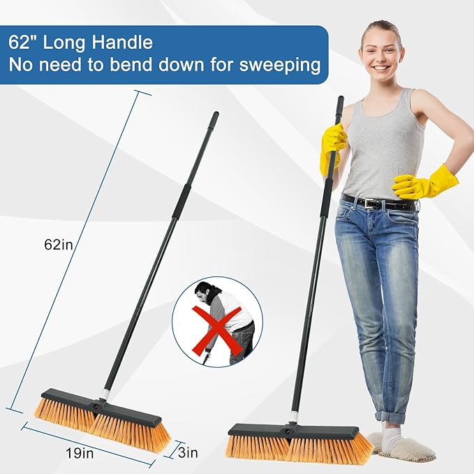 PBHEPJ 18 Inchs Push Broom Outdoor Heavy Duty, Shop Broom with 60" Long Handle for Cleaning Outdoor or Indoor Tile, Garage, Shop, Deck, Concrete, Wood, Stone, Patio Floor, 2 Pack