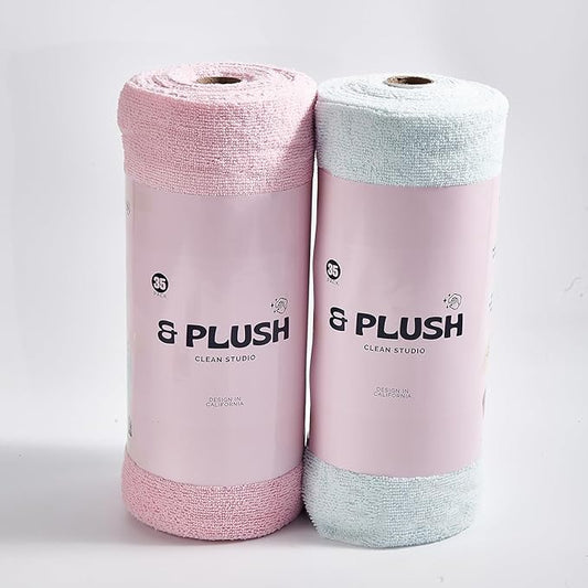 & PLUSH Microfiber Cleaning Cloth Roll - 70 Pack, Tear Away Microfiber Towels, 12" x 12", Reusable, Washable, Streak Free, Ultra Absorbent Dish Rags for Car, Home, Garage or Shop (Pink and Blue)