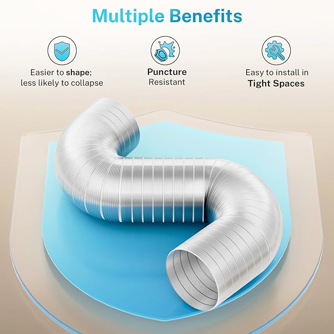 4 Inch 8FT Semi Rigid Dryer Vent, Flexible Aluminum Dryer Vent Hose with Clamps, 3.9 Mil Aluminum Foil Tape for HVAC Ventilation, Duct Fan Systems