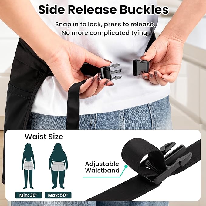 6-Pocket Cleaning Apron with Buckle, Splash-Proof Cleaning Caddy Apron, Adjustable Waist Belt with Zipper, Soft Heavy Sateen Housekeeper Aprons, Half Aprons for Housekeeping Work Supplies - Black