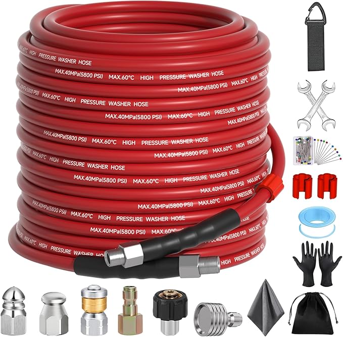 Sewer Jetter Kit 100FT for Pressure Washer, 5800 PSI Drain Cleaner Hose 1/4 Inch NPT with Spray Nozzle, Button Nose and Rotating Sewer Jetting Nozzle, Spanner Teflon Tape Pearl Corsage Pin