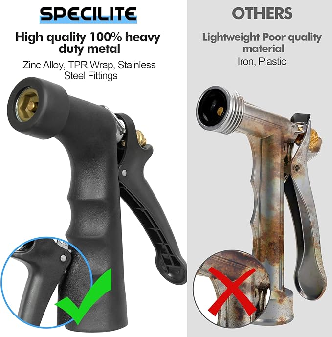 SPECILITE 5/8" Hot/Cold Garden Hose 100 ft with Industrial High Pressure Nozzle, Flexible & Lightweight, 600psi Burst Rubber Water hose -50℉-158℉ With 3/4"Stainless Steel Fittings for Yard, Black