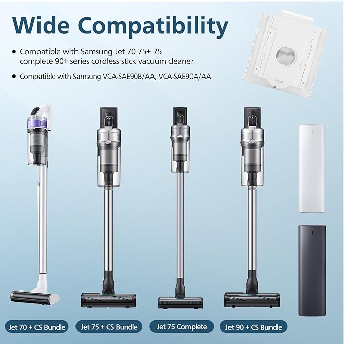 12 Pack VCA-ADB90 Dust Bag Compatible with Samsung VCA-SAE903/AA & VCA-SAE904/AA, Replacement Bags for Jet 75 Complete 75+ 90+ 70+ Series Stick Cordless Vacuum Cleaners, Compared to Part VCA-ADB90/XAA