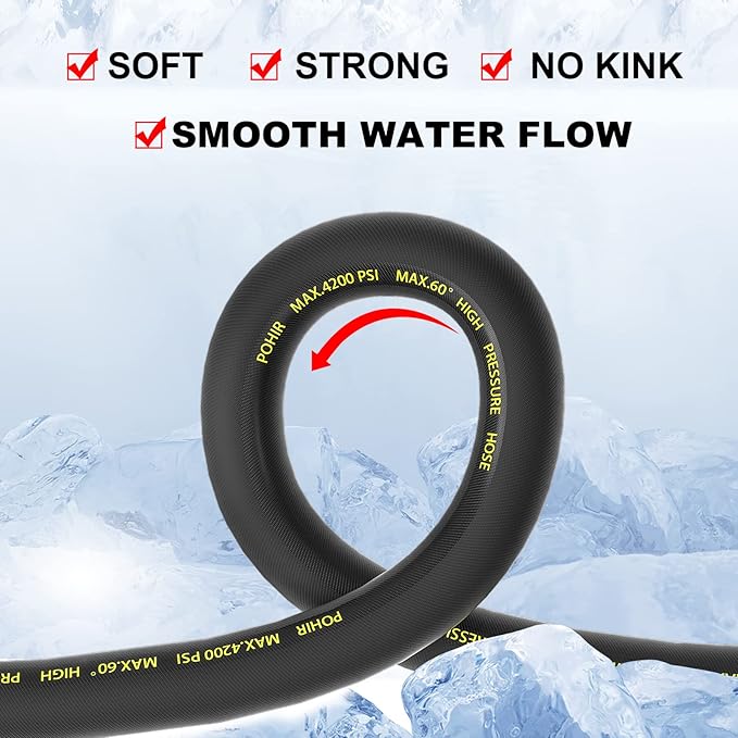 POHIR Pressure Washer Hose - 5 FT Whip Hose with 3/8'' Quick Connect Adapter Set, High Tensile Wire Braid Hose for Pressure Washing, Up to 4200 PSI