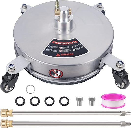 Biswing 14" Pressure Washer Surface Cleaner with 4 Wheels, Stainless Steel Power Washer Accessory for Driveways Sidewalks Patios Cleaning, 1/4" Quick Connector, 2 Extension Wand Attachments, 4000 PSI