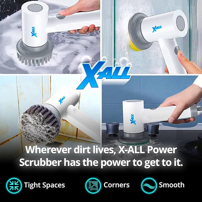 Electric Spin Power Scrubber - Rechargeable Lightweight Waterproof Cordless 2-Speed Control Cleaning Tool with 2 Spin Brush Heads - White