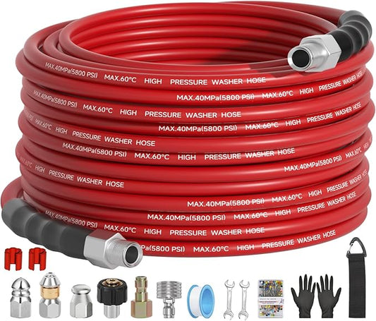 50FT Sewer Jetter Kit for Pressure Washer 5800PSI,1/4" NPT Drain Jetter Hose with 1/4" Quick Plug，3 Sewer Jet Nozzles，Spanners Teflon Tape Gloves and Spray Nozzle for Cleaning