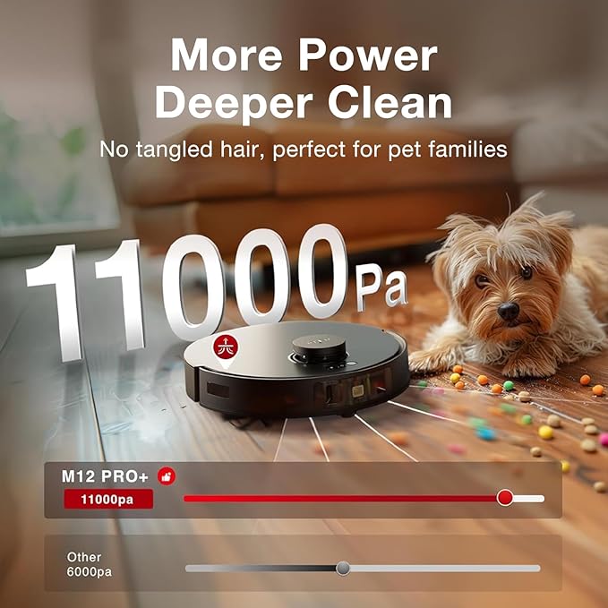 Yeedi M12 PRO Plus Robot Vacuum and Mop Combo, 11000Pa Powerful Suction, ZeroTangle Hair-Free Brush, Auto Mop Washing & Drying, Smart Obstacle Avoidance, Self-Emptying Dock, Ideal for Pet Homes