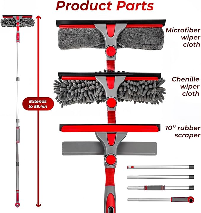 DSV Standard Squeegee Window Cleaner Tool 2-in-1 Window Squeegee for Window Cleaning, 60” Window Cleaning Squeegee Kit with Bendable Head, Window Cleaning Tool With Extension Pole for Home, Car, Glass