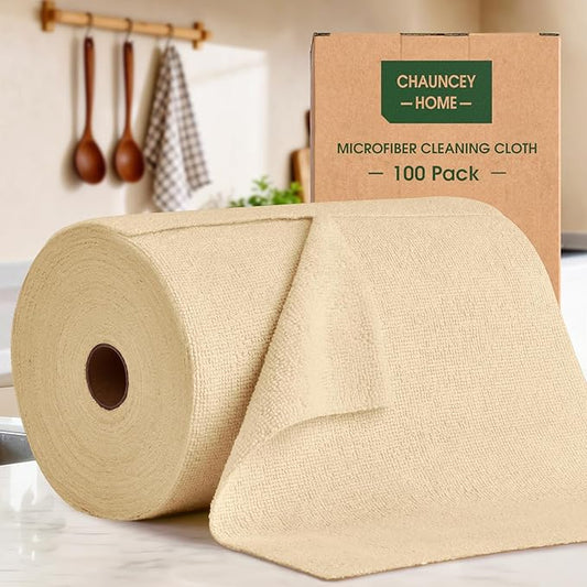 Microfiber Cleaning Cloth Roll - 100 Pack Tear Away Microfiber Paper Towels, Reusable, Washable, Scratch-Free, Kitchen Towels for Car, Home, Kitchen, Glass, Dishes (Wheat Beige)