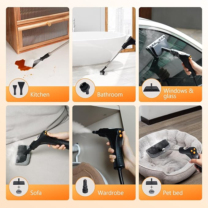 Steam Cleaner for Home & Car, 15s Fast Heat-Up, 1.2L Large Tank, 221°F High-Temp Portable Handheld Steamer for Deep Cleaning Grout, Tile, Grease, Floors & Sanitizing Furniture, Couch, Car Detailing