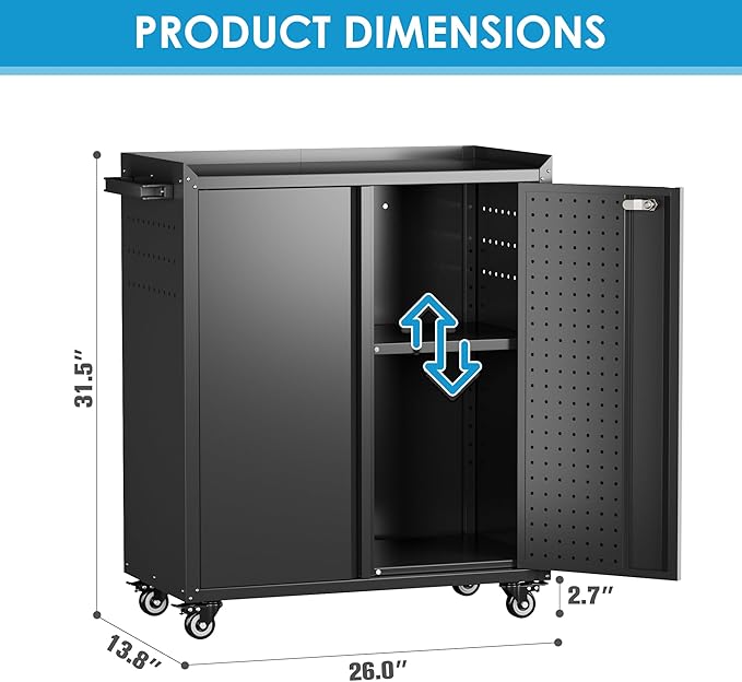 SUXXAN Metal Storage Cabinet with Wheels, Rolling Storage Cabinet with 2 Doors and Adjustable Shelves, Pegboard and 4 Hooks, Suitable for Garage, Home, Office, School, Black