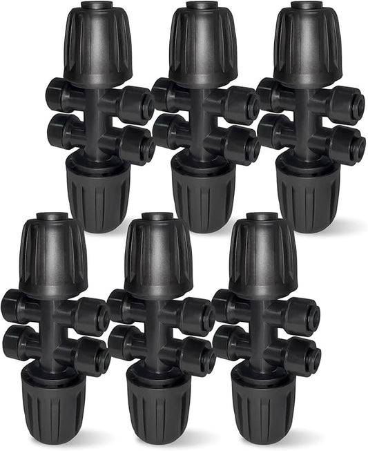 6 Pack 1/2'' to 1/4'' Drip Irrigation Fittings, Push-to-Fit 6 Way Drip Irrigation Part Barbed Tee Connectors, Anti-Leak Locked Splitter Fitting for 1/2" Irrigation Tubing (0.6''-0.67''OD)