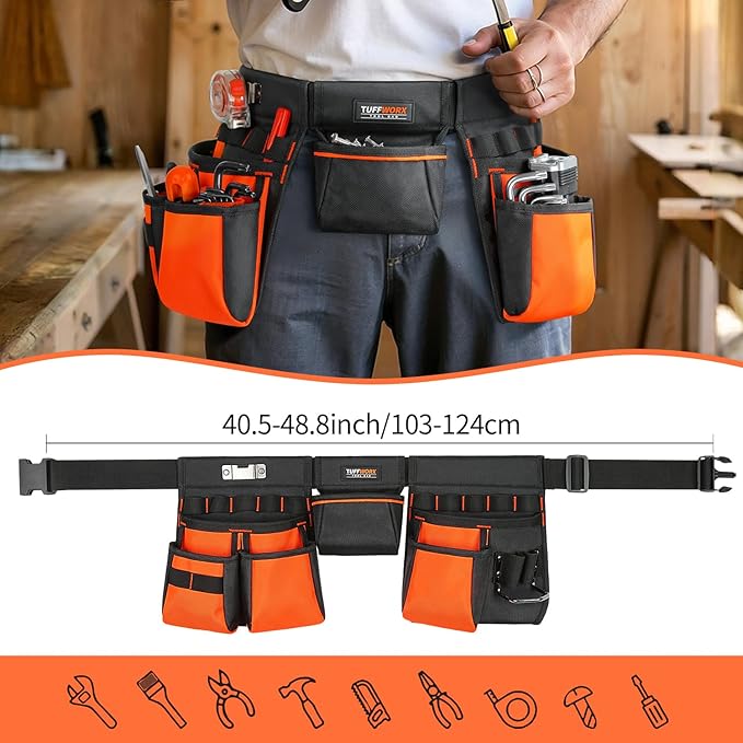 Tool Belt with Multiple Pockets, Heavy Duty Construction Pouch, Black and Orange
