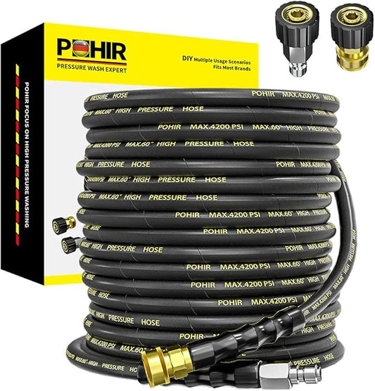 POHIR Pressure Washer Hose 70ft with 3/8" Quick Connector, High Tensile Wire Braided Kink Resistant 1/4 Inch Power Washer Hose 4200 PSI, 2pcs M22 14mm to 3/8" Adapter Set, Multi-Scene Use