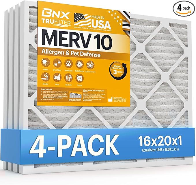 BNX TruFilter 16x20x1 MERV 10 (4-Pack) AC Furnace Air Filter - MADE IN USA - Pleated Air Conditioner HVAC AC Furnace Filters - Removes Odor, Mold, Bacteria, Smoke