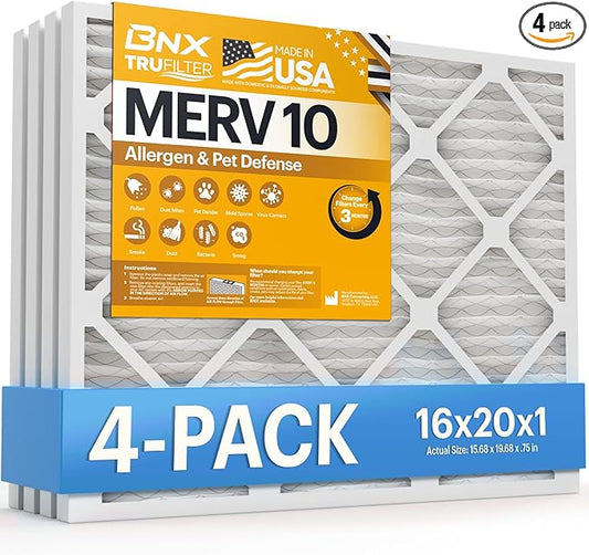 BNX TruFilter 16x20x1 MERV 10 (4-Pack) AC Furnace Air Filter - MADE IN USA - Pleated Air Conditioner HVAC AC Furnace Filters - Removes Odor, Mold, Bacteria, Smoke