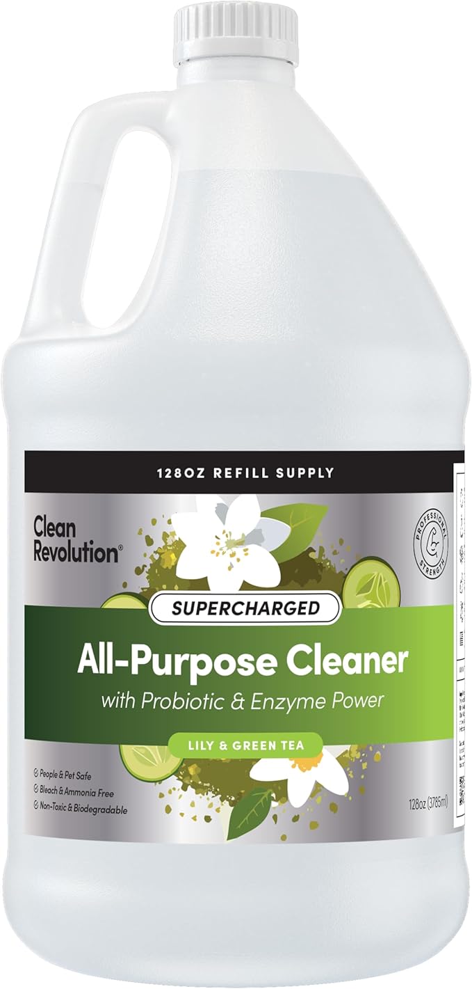 Clean Revolution SuperCharged All Purpose Cleaner Refill with Smart Probiotic + Enzyme Complex, Multi-Surface Kitchen Bathroom & Floor Cleaner, Lily & Green Tea, 128 Fl Oz