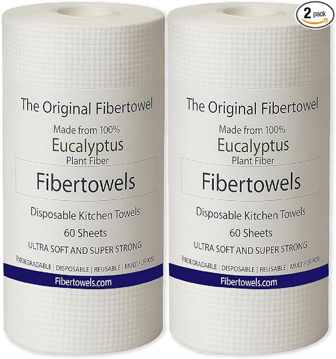 2 Pack Fibertowels Disposable Kitchen Towels Rolls XL 12" x 10", Ultrasoft & Super Strong, Eucalyptus Plant-Based Highly Absorbent Kitchen & Bathroom Cleaning Sheets 120ct