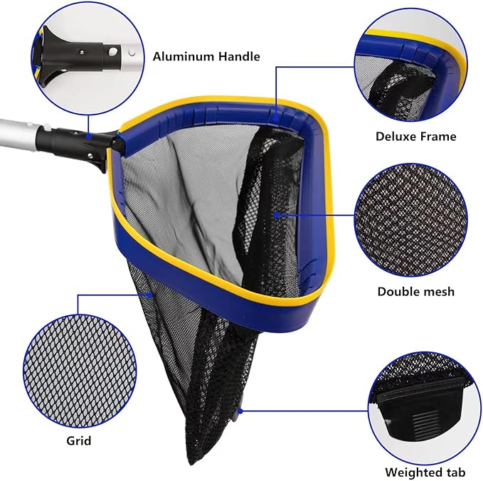 Poolvio Pool Deep Skimmer Net with 3ft - 10ft 1.0mm Thick Adjustable Aluminum Pole & Fine Mesh Bag Leaf Skimmer Rake Net for Above Ground & Inground Swimming Pools, Removes All Debris