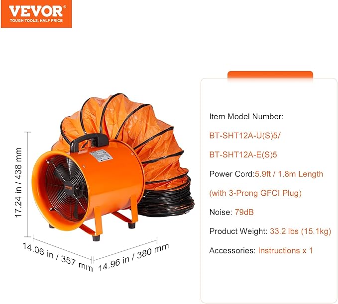 VEVOR Air Mover Blower Fan 12 Inch, 3198CFM 585W with 16.4ft Flexible Duct, Industrial Portable Ventilator Blower/Exhaust, Orange