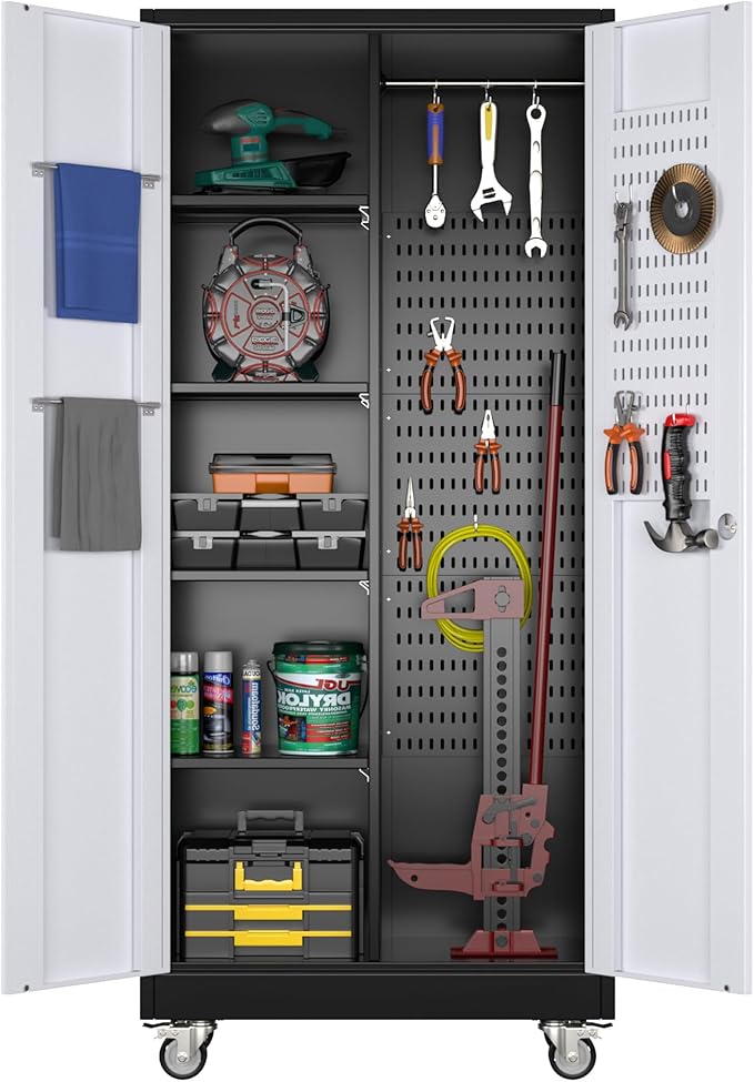 SUXXAN Broom Closet Storage Cabinet with Wheels 71.4"x 31.5"x15.7", Metal Cleaning Cabinets with Hooks and Hanging Rods, Lockable Cabinet with Pegboard, Adjustable Shelf(Black/White)