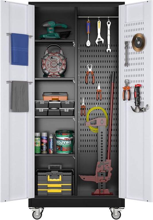 SUXXAN Broom Closet Storage Cabinet with Wheels 71.4"x 31.5"x15.7", Metal Cleaning Cabinets with Hooks and Hanging Rods, Lockable Cabinet with Pegboard, Adjustable Shelf(Black/White)