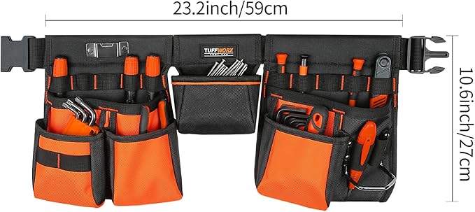 Tool Belt with Multiple Pockets, Heavy Duty Construction Pouch, Black and Orange
