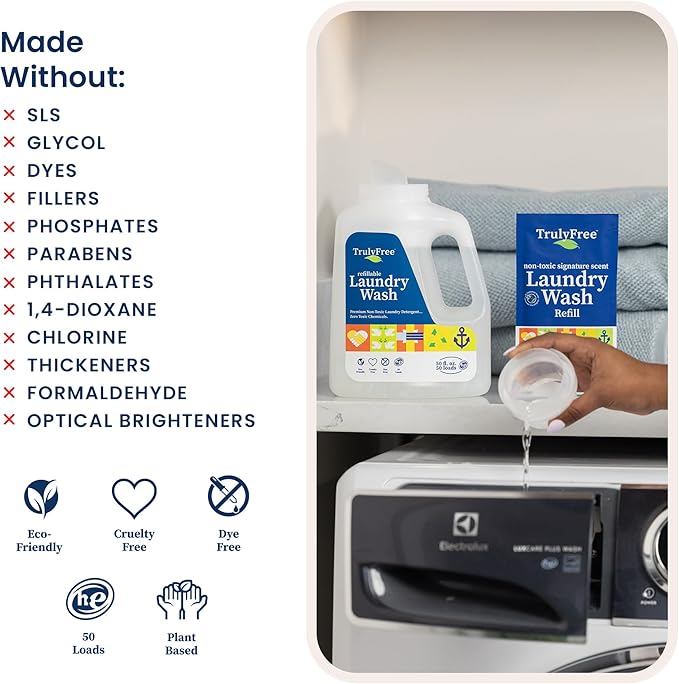 Truly Free Natural Laundry Detergent for Sensitive Skin | Eco Friendly, Plant Based, Baby Clothes Safe | Clean & Easy Powder to Liquid, Unscented | Refill Only (200 Loads)