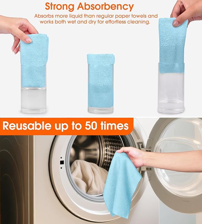 Microfiber Cleaning Cloth Roll - 100 Pack Tear Away Microfiber Paper Towels, Reusable, Washable, Scratch-Free, Kitchen Towels for Car, Home, Kitchen, Glass, Dishes (Blue)