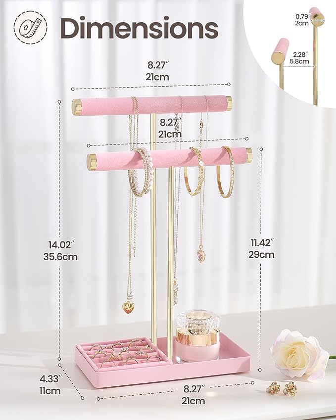 Lolalet 2-Tier Necklace Holder Display, Velvet Wrapped Bracelet Stand with Removable Ring Tray, Tall Jewelry Organizer for Bangles Watches Earrings, Galentines Valentines Gifts for Girls Women -Pink