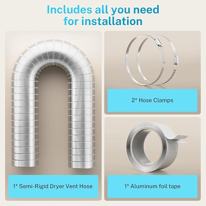 4 Inch 8FT Semi Rigid Dryer Vent, Flexible Aluminum Dryer Vent Hose with Clamps, 3.9 Mil Aluminum Foil Tape for HVAC Ventilation, Duct Fan Systems
