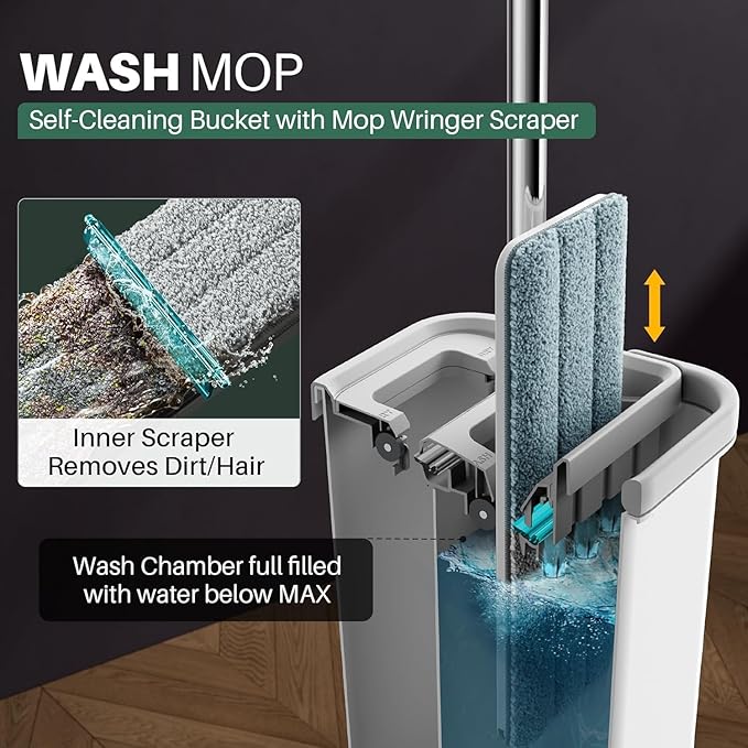 JOYMOOP Mop and Bucket Set with Floor Cleaner Pods,Flat Mop and Bucket System with 3 Reusable Microfiber Mop Pads,Freesia Scent Mop Soap Pack of 15 for Floor Cleaning