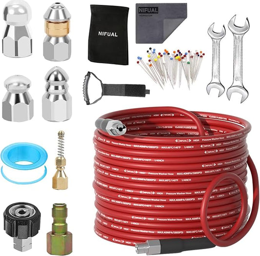 NIFUAL Sewer Jetter Kit for Pressure Washer,200FT 5800PSI Pressure Drain Cleaner 1/4 Inch NPT Corner Rotating and Button Hose Sewer Jetting Nozzle for Homeowners & DIYers (200FT)