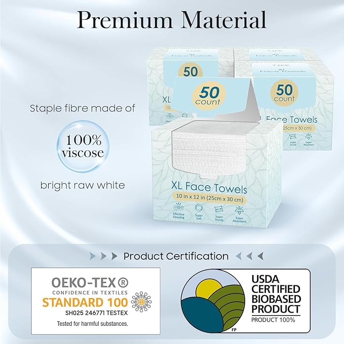 4 Pack of 50 count XL Disposable Face Towels 10” x 12”, 100% Viscose Fibre, Soft & Skin Friendly Face Towelettes Disposable, Facial Tissue Wipes for Women Cleansing