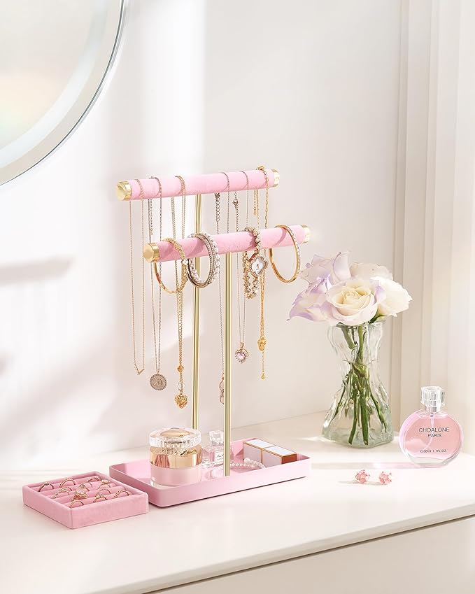 Lolalet 2-Tier Necklace Holder Display, Velvet Wrapped Bracelet Stand with Removable Ring Tray, Tall Jewelry Organizer for Bangles Watches Earrings, Galentines Valentines Gifts for Girls Women -Pink