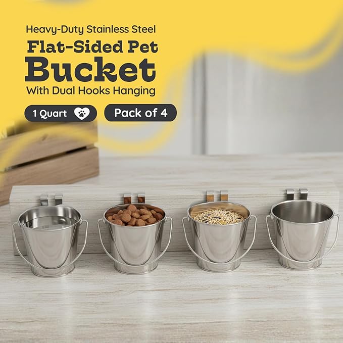 1 Quart Stainless Steel Flat Sided Bucket with Dual Hooks | 4 Pcs Durable Food & Water Bowl for Dog Cat Bird & Small Animals | Fits kennel Cage Crates Farm Hanging Pet Pail | Multipurpose