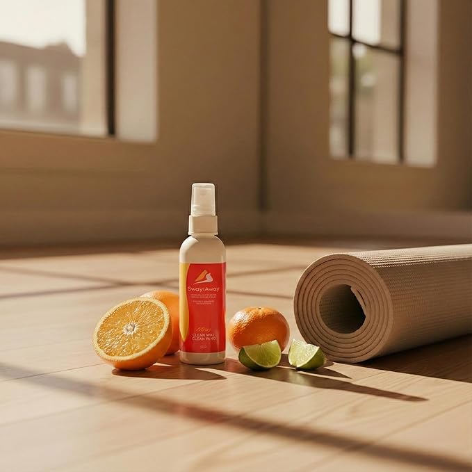 SwaytAway Fitness Mat Mist – 4oz Travel Size Yoga Mat Spray with Towel - (Pack of 2) – Aromatherapy-Inspired Citrus and Eucalyptus Blend – Plant-Based, No Rinse, Refreshes & Deodorizes