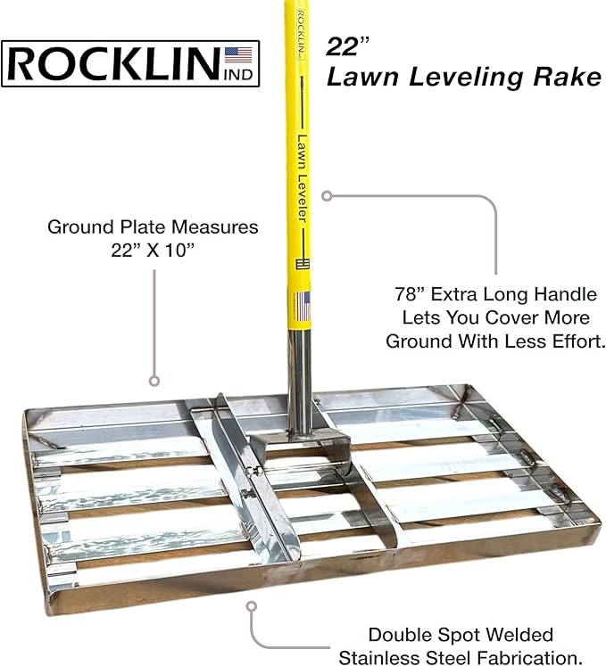 Rocklin™ Lawn Leveling Rake – 22” x 10” Stainless Steel Leveling Tool with 78” Handle | Smooth & Level Soil, Sand or Grass | Durable Leveling Tool for Lawn, Yard and Garden