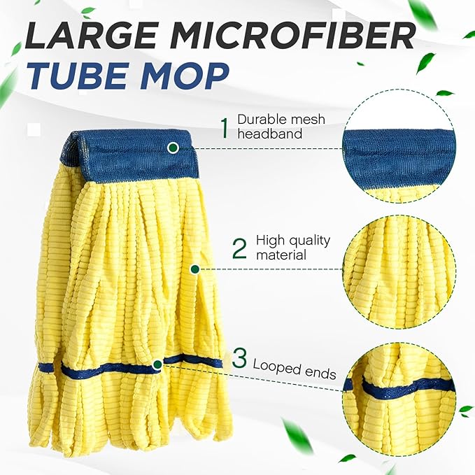 Hushee 12 Pack Large Microfiber Tube Mop Heads 18 oz Heavy Duty Commercial Industrial Wet Mop Head Refill Reusable Machine Washable Looped End Mopheads for Hardwood, Tile, Laminate Floors (Yellow)