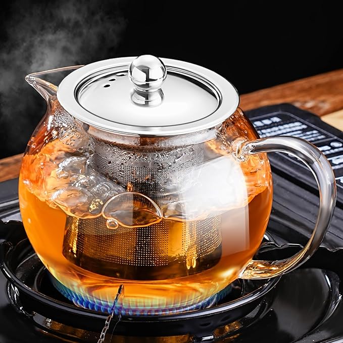 PARACITY Glass Teapot Stovetop 50 OZ/1500ml, Tea pot with Removable 18/8 Stainless Steel Infuser, Borosilicate Clear Tea Kettle, Teapot Blooming and Loose Leaf Tea Maker Tea Brewer for Camping, Travel