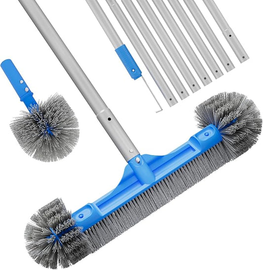 Pool Brush Set - 20’’ 2-in-1 Detachable Round Brush with Extra Side Brush for Cleaning Hard-to-Reach Corners, 9 FT Aluminum Extended Pool Pole with Hidden Hook Retriever