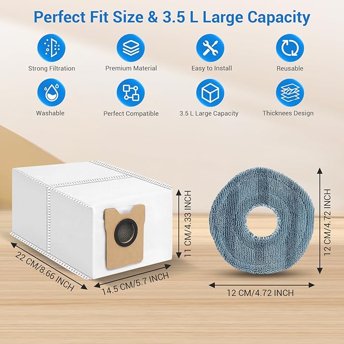 12 Pack Omni C20 Dust Bags and Mop Pads Compatible with eufy Omni C20/ C10 Robot Vacuum with 3.5 L Large Capacity Vacuum Dust Bags
