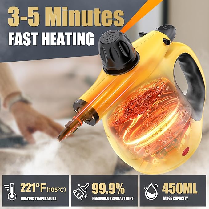 Pressurized Handheld Steam Cleaner for home with Safety Lock, 450ML/15.22OZ Tank & 10 Accessories, Multi-Surface Portable Steam Cleaner for Car,Furniture, Floor, Kitchen-Removes Stubborn Grime