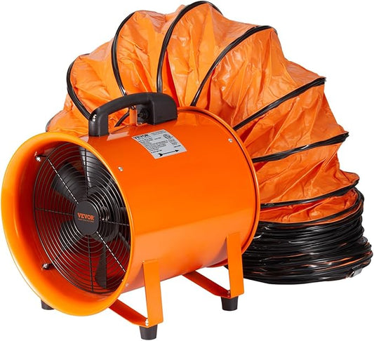 VEVOR Air Mover Blower Fan 10 Inch, 1893CFM 380W with 33ft Flexible Duct, Industrial Portable Ventilator Blower/Exhaust, Orange