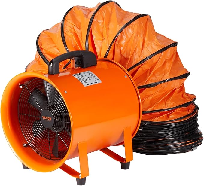 VEVOR Air Mover Blower Fan 10 Inch, 1893CFM 380W with 16.4ft Flexible Duct, Industrial Portable Ventilator Blower/Exhaust, Orange