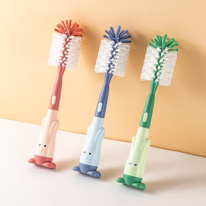 Chemimoso Cup Cleaning Brush, Silicone Baby Bottle Brush with Stand, Large Handle Water Bottle Brush Cleaner Set, with a Tiny Cup Lid Gap Cleaning Brush, Cup Lid Cleaner Brushes Kit, Pink